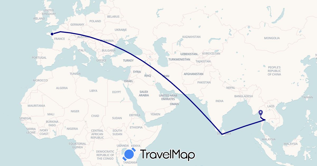 TravelMap itinerary: driving in France, Sri Lanka, Thailand (Asia, Europe)
